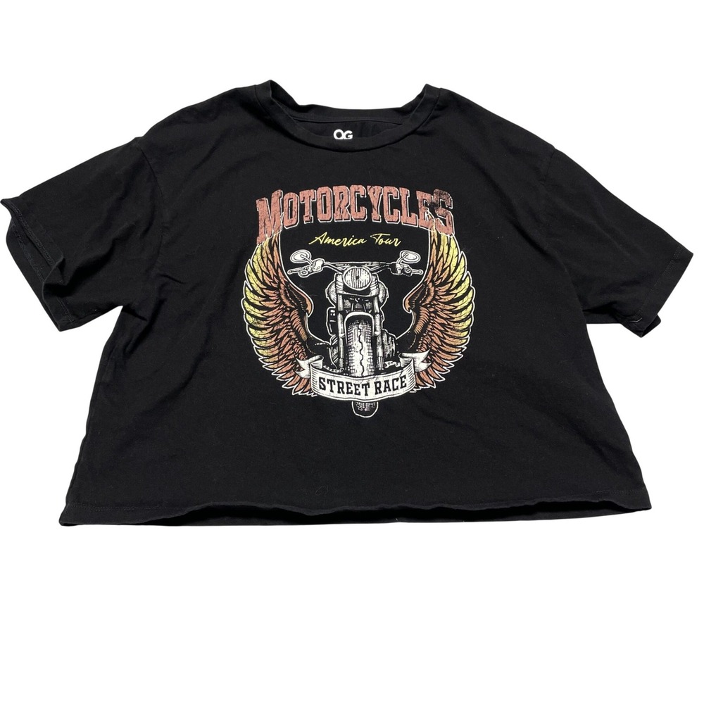 OG Collective Motorcycles Tour T-Shirt Women Large Black Cropped Graphic Tee